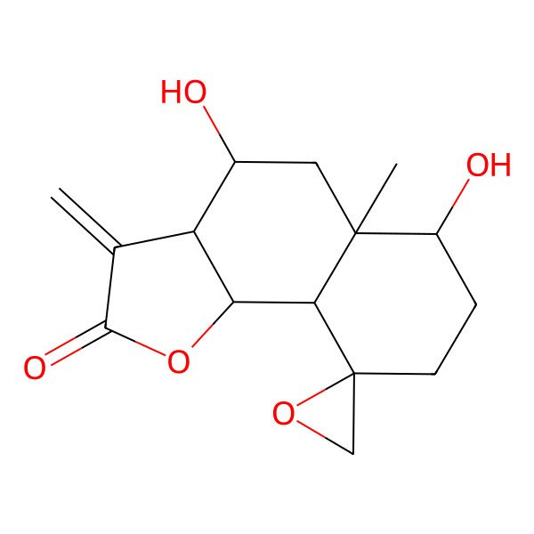 2D Structure of (3aR,4S,5aR,6S,9S,9aS,9bR)-4,6-dihydroxy-5a-methyl-3-methylidenespiro[3a,4,5,6,7,8,9a,9b-octahydrobenzo[g][1]benzofuran-9,2'-oxirane]-2-one