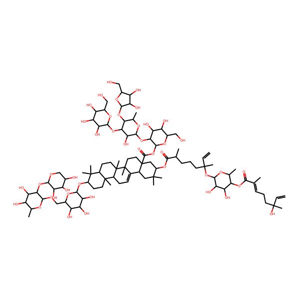 2D Structure of [3-[5-[3,4-Dihydroxy-5-(hydroxymethyl)oxolan-2-yl]oxy-3-hydroxy-6-methyl-4-[3,4,5-trihydroxy-6-(hydroxymethyl)oxan-2-yl]oxyoxan-2-yl]oxy-4,5-dihydroxy-6-(hydroxymethyl)oxan-2-yl] 3-[6-[3,4-dihydroxy-5-(6-hydroxy-2,6-dimethylocta-2,7-dienoyl)oxy-6-methyloxan-2-yl]oxy-2,6-dimethyloct-7-enoyl]oxy-10-[6-[[4,5-dihydroxy-6-methyl-3-(3,4,5-trihydroxyoxan-2-yl)oxyoxan-2-yl]oxymethyl]-3,4,5-trihydroxyoxan-2-yl]oxy-2,2,6a,6b,9,9,12a-heptamethyl-1,3,4,5,6,6a,7,8,8a,10,11,12,13,14b-tetradecahydropicene-4a-carboxylate