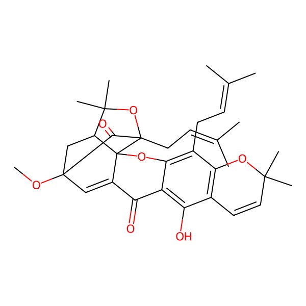 2D Structure of 12-Hydroxy-17-methoxy-8,8,21,21-tetramethyl-5,19-bis(3-methylbut-2-enyl)-3,7,20-trioxahexacyclo[15.4.1.02,15.02,19.04,13.06,11]docosa-4(13),5,9,11,15-pentaene-14,18-dione