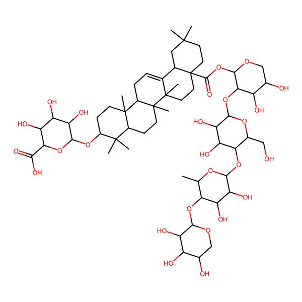 2D Structure of (2S,3S,4S,5R,6R)-6-[[(3R,4aR,6aR,6bS,8aS,12aS,14aR,14bR)-8a-[(2S,3R,4S,5S)-3-[(2S,3R,4R,5S,6R)-5-[(2S,3R,4S,5R,6S)-3,4-dihydroxy-6-methyl-5-[(2S,3R,4S,5R)-3,4,5-trihydroxyoxan-2-yl]oxyoxan-2-yl]oxy-3,4-dihydroxy-6-(hydroxymethyl)oxan-2-yl]oxy-4,5-dihydroxyoxan-2-yl]oxycarbonyl-4,4,6a,6b,11,11,14b-heptamethyl-1,2,3,4a,5,6,7,8,9,10,12,12a,14,14a-tetradecahydropicen-3-yl]oxy]-3,4,5-trihydroxyoxane-2-carboxylic acid