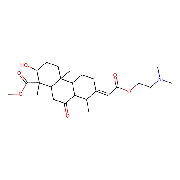 2D Structure of methyl (1R,2S,4aR,4bS,8R,8aR,10aR)-7-[2-[2-(dimethylamino)ethoxy]-2-oxoethylidene]-2-hydroxy-1,4a,8-trimethyl-9-oxo-2,3,4,4b,5,6,8,8a,10,10a-decahydrophenanthrene-1-carboxylate