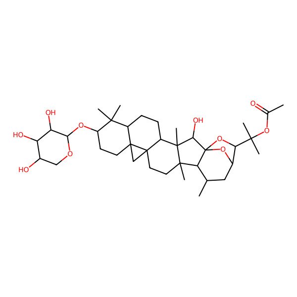 2D Structure of 2-[(1S,2R,3S,4R,7R,9S,12R,14S,17R,18R,19R,21R,22S)-2-hydroxy-3,8,8,17,19-pentamethyl-9-[(2R,3R,4S,5S)-3,4,5-trihydroxyoxan-2-yl]oxy-23,24-dioxaheptacyclo[19.2.1.01,18.03,17.04,14.07,12.012,14]tetracosan-22-yl]propan-2-yl acetate