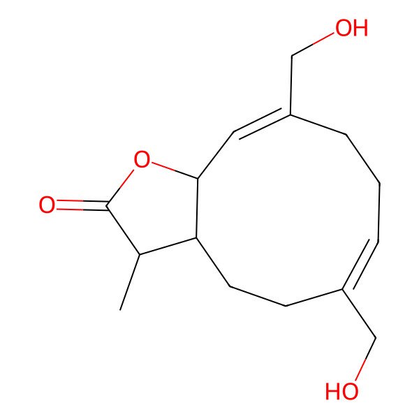 2D Structure of (3R,3aS,6E,10Z,11aR)-6,10-bis(hydroxymethyl)-3-methyl-3a,4,5,8,9,11a-hexahydro-3H-cyclodeca[b]furan-2-one