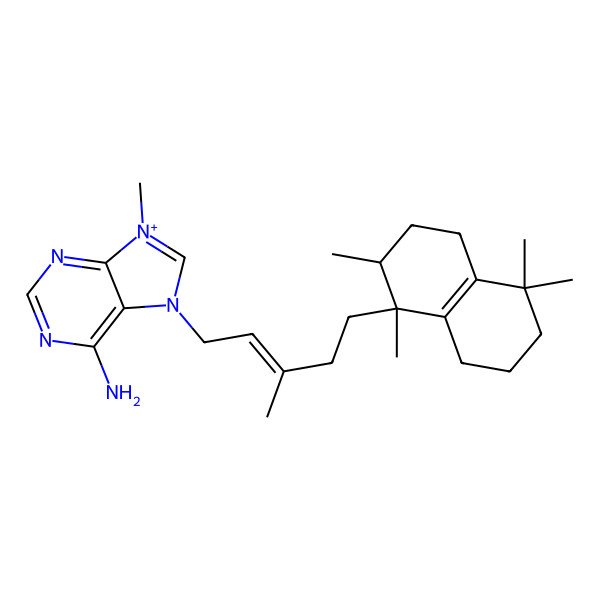 2D Structure of 9-methyl-7-[(E)-3-methyl-5-[(1S,2R)-1,2,5,5-tetramethyl-2,3,4,6,7,8-hexahydronaphthalen-1-yl]pent-2-enyl]purin-9-ium-6-amine
