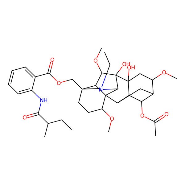 2D Structure of [(1S,2R,3R,4S,5R,6S,8R,9S,10S,13S,16S,17R,18S)-4-acetyloxy-11-ethyl-8,9-dihydroxy-6,16,18-trimethoxy-11-azahexacyclo[7.7.2.12,5.01,10.03,8.013,17]nonadecan-13-yl]methyl 2-(2-methylbutanoylamino)benzoate