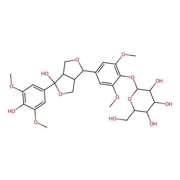 2D Structure of (2R,3S,4R,5S,6S)-2-[4-[(3R,3aS,6R,6aS)-6-hydroxy-6-(4-hydroxy-3,5-dimethoxyphenyl)-3,3a,4,6a-tetrahydro-1H-furo[3,4-c]furan-3-yl]-2,6-dimethoxyphenoxy]-6-(hydroxymethyl)oxane-3,4,5-triol