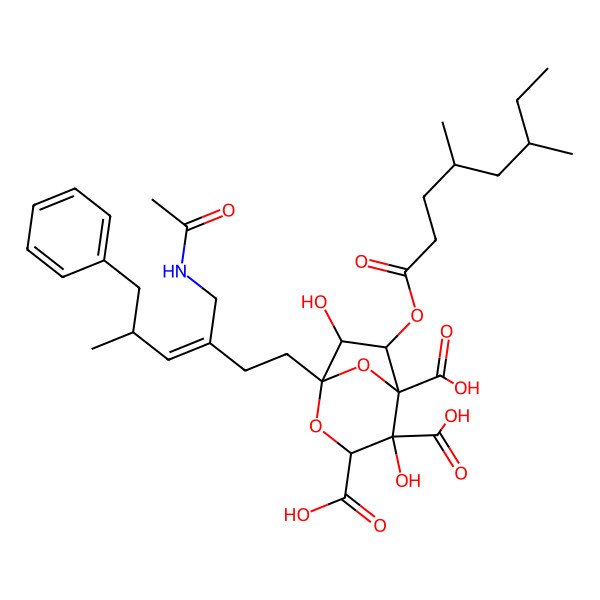 2D Structure of 1-[3-(Acetamidomethyl)-5-methyl-6-phenylhex-3-enyl]-6-(4,6-dimethyloctanoyloxy)-4,7-dihydroxy-2,8-dioxabicyclo[3.2.1]octane-3,4,5-tricarboxylic acid