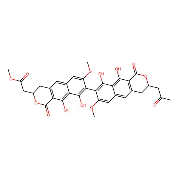 2D Structure of methyl 2-[(3S)-8-[(3R)-9,10-dihydroxy-7-methoxy-1-oxo-3-(2-oxopropyl)-3,4-dihydrobenzo[g]isochromen-8-yl]-9,10-dihydroxy-7-methoxy-1-oxo-3,4-dihydrobenzo[g]isochromen-3-yl]acetate