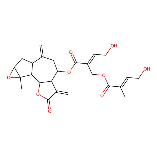 2D Structure of (14-Methyl-5,9-dimethylidene-4-oxo-3,13-dioxatetracyclo[8.4.0.02,6.012,14]tetradecan-7-yl) 4-hydroxy-2-[(4-hydroxy-2-methylbut-2-enoyl)oxymethyl]but-2-enoate