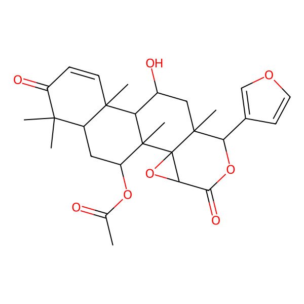 2D Structure of [7-(Furan-3-yl)-10-hydroxy-1,8,12,16,16-pentamethyl-5,15-dioxo-3,6-dioxapentacyclo[9.8.0.02,4.02,8.012,17]nonadec-13-en-19-yl] acetate
