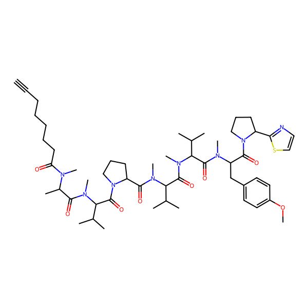 2D Structure of N-[1-[[1-[[3-(4-methoxyphenyl)-1-oxo-1-[2-(1,3-thiazol-2-yl)pyrrolidin-1-yl]propan-2-yl]-methylamino]-3-methyl-1-oxobutan-2-yl]-methylamino]-3-methyl-1-oxobutan-2-yl]-N-methyl-1-[3-methyl-2-[methyl-[2-[methyl(oct-7-ynoyl)amino]propanoyl]amino]butanoyl]pyrrolidine-2-carboxamide