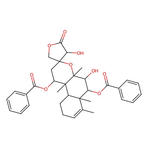 2D Structure of [(1S,3S,3'R,4aR,5S,6R,6aR,10aS,10bS)-6-benzoyloxy-3',5-dihydroxy-4a,6a,7,10b-tetramethyl-2'-oxospiro[2,5,6,9,10,10a-hexahydro-1H-benzo[f]chromene-3,4'-oxolane]-1-yl] benzoate