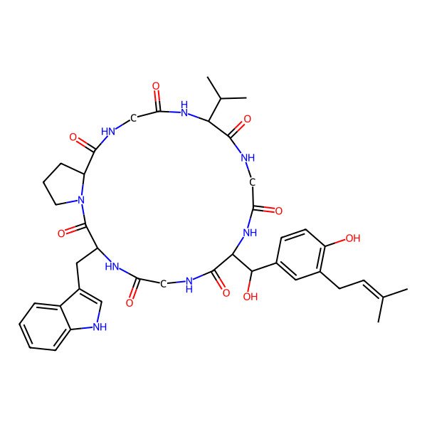 2D Structure of 9-[hydroxy-[4-hydroxy-3-(3-methylbut-2-enyl)phenyl]methyl]-3-(1H-indol-3-ylmethyl)-15-propan-2-yl-1,4,7,10,13,16,19-heptazabicyclo[19.3.0]tetracosane-2,5,8,11,14,17,20-heptone