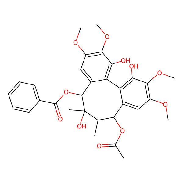 2D Structure of (11-Acetyloxy-3,9,16-trihydroxy-4,5,14,15-tetramethoxy-9,10-dimethyl-8-tricyclo[10.4.0.02,7]hexadeca-1(16),2,4,6,12,14-hexaenyl) benzoate