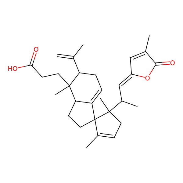 2D Structure of 3-[(1R,3aR,4S,4'S,5S)-1',4,4'-trimethyl-4'-[(1Z,2R)-1-(4-methyl-5-oxofuran-2-ylidene)propan-2-yl]-5-prop-1-en-2-ylspiro[3,3a,5,6-tetrahydro-2H-indene-1,5'-cyclopentene]-4-yl]propanoic acid