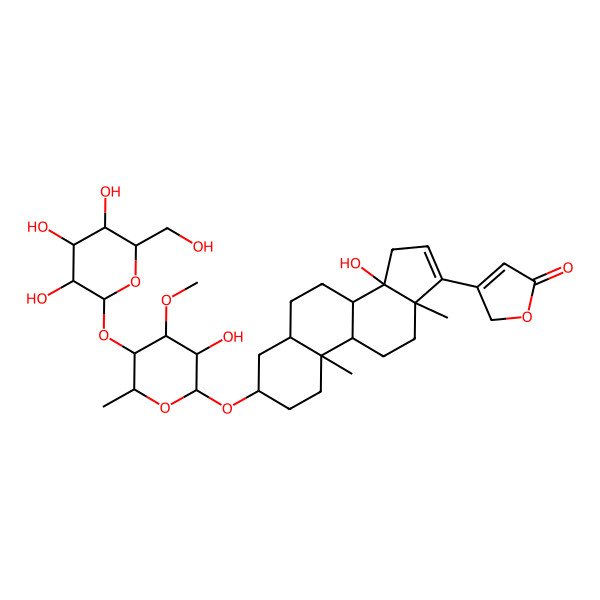 2D Structure of 3-[(3S,5R,8R,9S,10S,13R,14S)-14-hydroxy-3-[(2R,3R,4R,5R,6R)-3-hydroxy-4-methoxy-6-methyl-5-[(2S,3R,4S,5S,6R)-3,4,5-trihydroxy-6-(hydroxymethyl)oxan-2-yl]oxyoxan-2-yl]oxy-10,13-dimethyl-1,2,3,4,5,6,7,8,9,11,12,15-dodecahydrocyclopenta[a]phenanthren-17-yl]-2H-furan-5-one
