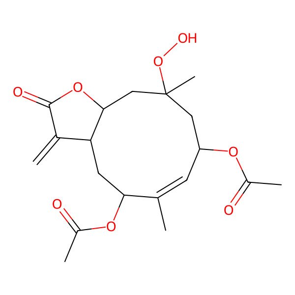 2D Structure of (8-acetyloxy-10-hydroperoxy-6,10-dimethyl-3-methylidene-2-oxo-4,5,8,9,11,11a-hexahydro-3aH-cyclodeca[b]furan-5-yl) acetate