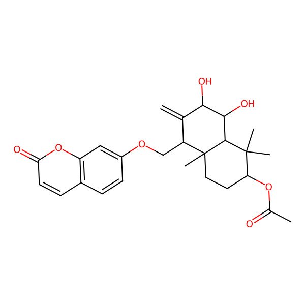 2D Structure of [(2S,4aR,5R,7S,8S,8aS)-7,8-dihydroxy-1,1,4a-trimethyl-6-methylidene-5-[(2-oxochromen-7-yl)oxymethyl]-3,4,5,7,8,8a-hexahydro-2H-naphthalen-2-yl] acetate
