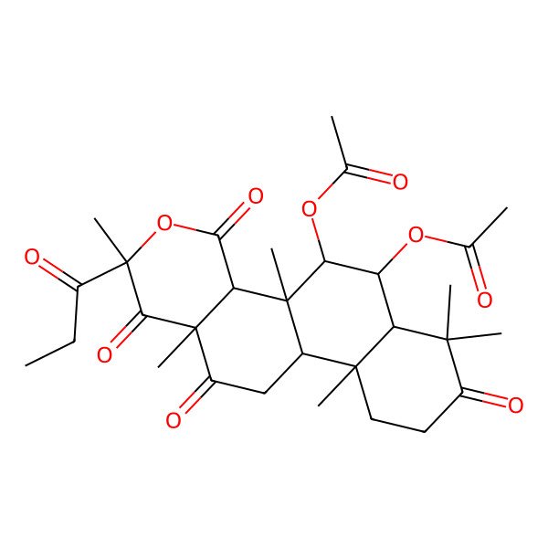 2D Structure of [(2S,4aS,4bR,5R,6R,6aR,10aR,10bR,12aR)-5-acetyloxy-2,4b,7,7,10a,12a-hexamethyl-1,4,8,12-tetraoxo-2-propanoyl-4a,5,6,6a,9,10,10b,11-octahydronaphtho[1,2-h]isochromen-6-yl] acetate