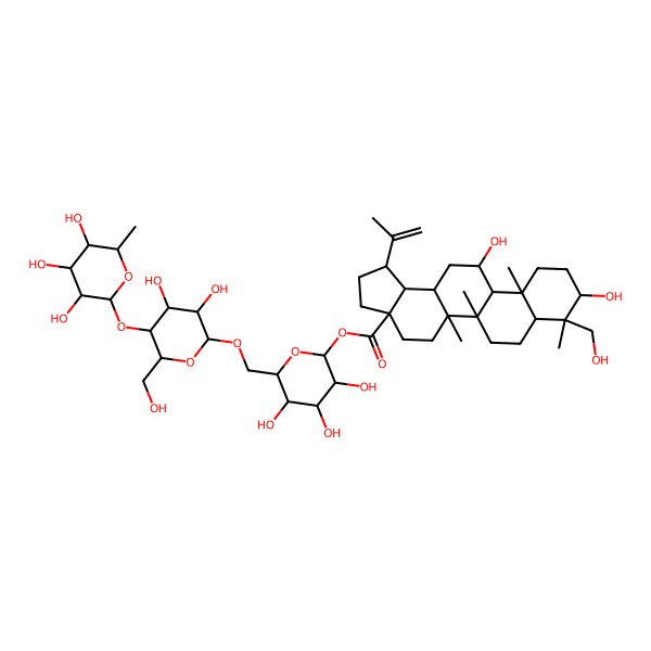 2D Structure of [(2S,3R,4S,5S,6R)-6-[[(2R,3R,4R,5S,6R)-3,4-dihydroxy-6-(hydroxymethyl)-5-[(2S,3R,4R,5R,6S)-3,4,5-trihydroxy-6-methyloxan-2-yl]oxyoxan-2-yl]oxymethyl]-3,4,5-trihydroxyoxan-2-yl] (1R,3aS,5aR,5bR,7aR,8R,9R,11aS,11bR,12R,13aR,13bR)-9,12-dihydroxy-8-(hydroxymethyl)-5a,5b,8,11a-tetramethyl-1-prop-1-en-2-yl-1,2,3,4,5,6,7,7a,9,10,11,11b,12,13,13a,13b-hexadecahydrocyclopenta[a]chrysene-3a-carboxylate