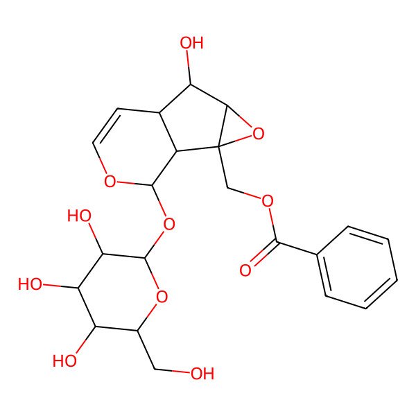2D Structure of [(1R,2S,4S,5S,6S,10S)-5-hydroxy-10-[(2S,3R,4S,5S,6R)-3,4,5-trihydroxy-6-(hydroxymethyl)oxan-2-yl]oxy-3,9-dioxatricyclo[4.4.0.02,4]dec-7-en-2-yl]methyl benzoate