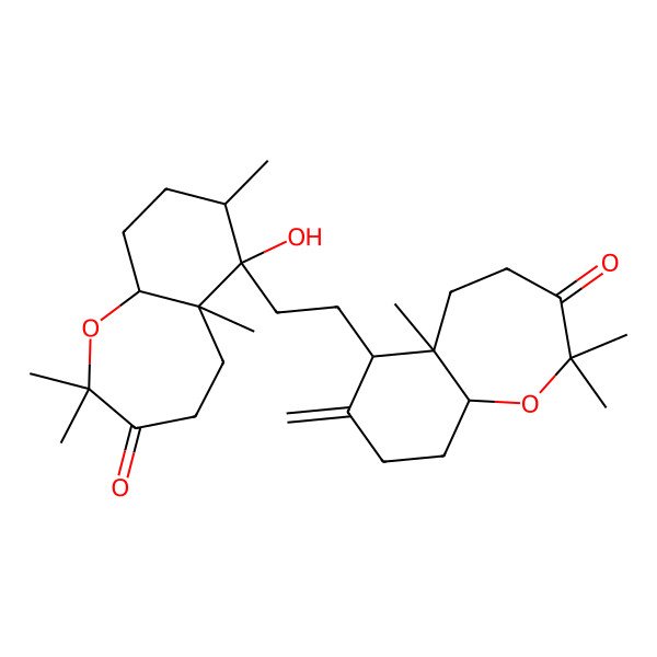 2D Structure of 6-[2-(2,2,5a-Trimethyl-7-methylidene-3-oxo-4,5,6,8,9,9a-hexahydrobenzo[b]oxepin-6-yl)ethyl]-6-hydroxy-2,2,5a,7-tetramethyl-4,5,7,8,9,9a-hexahydrobenzo[b]oxepin-3-one