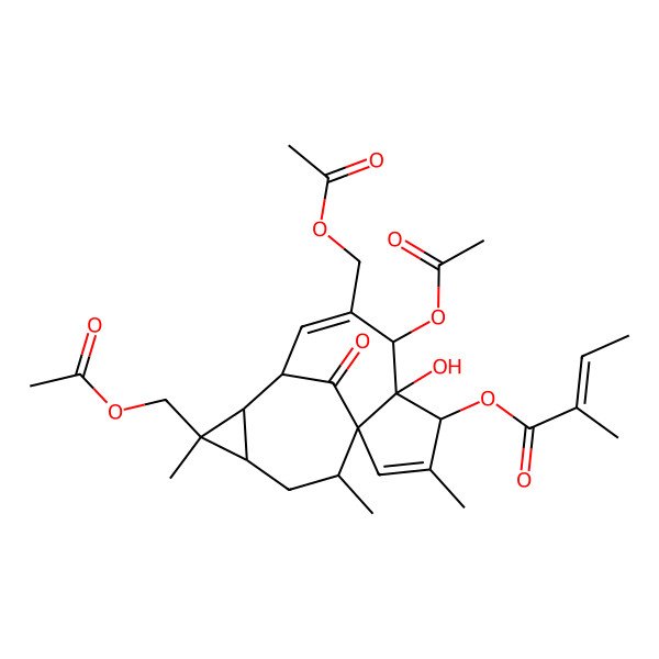 2D Structure of [6-Acetyloxy-7,11-bis(acetyloxymethyl)-5-hydroxy-3,11,14-trimethyl-15-oxo-4-tetracyclo[7.5.1.01,5.010,12]pentadeca-2,7-dienyl] 2-methylbut-2-enoate