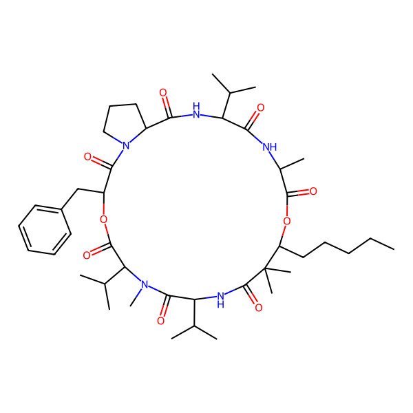 2D Structure of 3-Benzyl-7,12,12,16-tetramethyl-13-pentyl-6,9,19-tri(propan-2-yl)-4,14-dioxa-1,7,10,17,20-pentazabicyclo[20.3.0]pentacosane-2,5,8,11,15,18,21-heptone