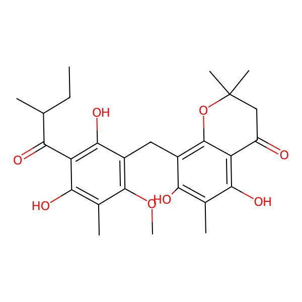 2D Structure of 8-[[2,4-dihydroxy-6-methoxy-5-methyl-3-[(2R)-2-methylbutanoyl]phenyl]methyl]-5,7-dihydroxy-2,2,6-trimethyl-3H-chromen-4-one