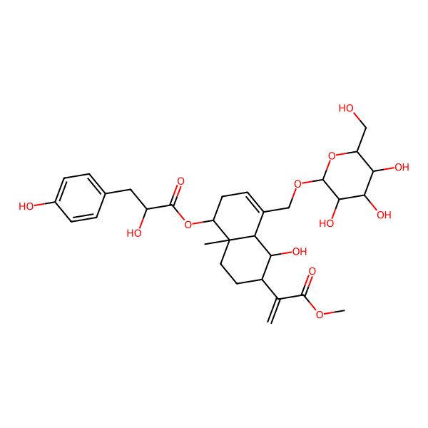 2D Structure of [5-hydroxy-6-(3-methoxy-3-oxoprop-1-en-2-yl)-8a-methyl-4-[[3,4,5-trihydroxy-6-(hydroxymethyl)oxan-2-yl]oxymethyl]-2,4a,5,6,7,8-hexahydro-1H-naphthalen-1-yl] 2-hydroxy-3-(4-hydroxyphenyl)propanoate