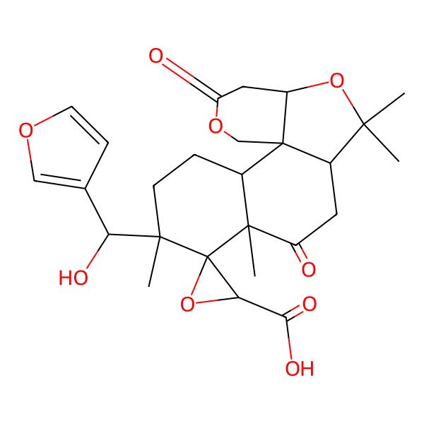 2D Structure of (5R,7R)-5-[(S)-furan-3-yl(hydroxy)methyl]-5,7,11,11-tetramethyl-8,15-dioxospiro[12,16-dioxatetracyclo[8.7.0.01,13.02,7]heptadecane-6,3'-oxirane]-2'-carboxylic acid