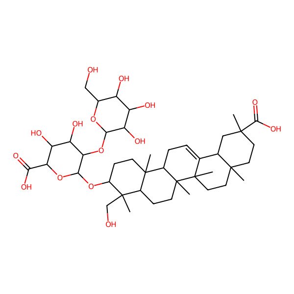 2D Structure of (2S,3S,4S,5R,6R)-6-[[(3S,4S,4aR,6aR,6bS,8aS,11R,12aS,14aR,14bR)-11-carboxy-4-(hydroxymethyl)-4,6a,6b,8a,11,14b-hexamethyl-1,2,3,4a,5,6,7,8,9,10,12,12a,14,14a-tetradecahydropicen-3-yl]oxy]-3,4-dihydroxy-5-[(2S,3R,4S,5S,6R)-3,4,5-trihydroxy-6-(hydroxymethyl)oxan-2-yl]oxyoxane-2-carboxylic acid