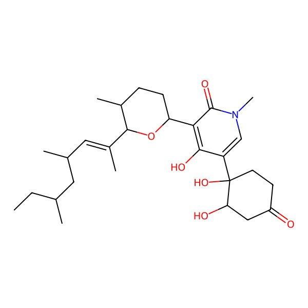 2D Structure of 5-[(1S,2R)-1,2-dihydroxy-4-oxocyclohexyl]-3-[(2S,5R,6R)-6-[(Z)-4,6-dimethyloct-2-en-2-yl]-5-methyloxan-2-yl]-4-hydroxy-1-methylpyridin-2-one