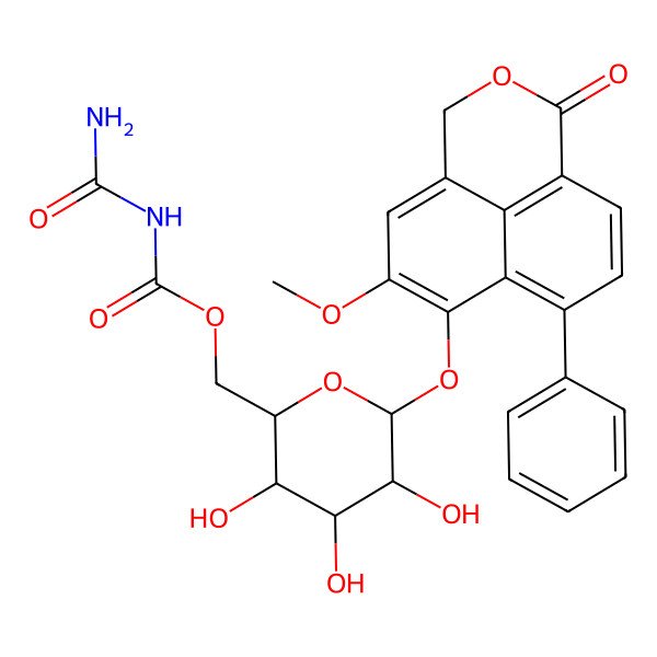 2D Structure of [3,4,5-trihydroxy-6-[(7-methoxy-2-oxo-10-phenyl-3-oxatricyclo[7.3.1.05,13]trideca-1(13),5,7,9,11-pentaen-8-yl)oxy]oxan-2-yl]methyl N-carbamoylcarbamate