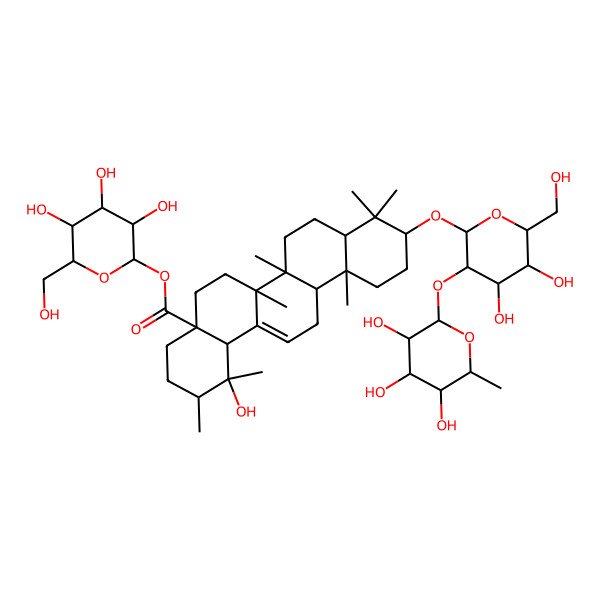 2D Structure of [3,4,5-Trihydroxy-6-(hydroxymethyl)oxan-2-yl] 10-[4,5-dihydroxy-6-(hydroxymethyl)-3-(3,4,5-trihydroxy-6-methyloxan-2-yl)oxyoxan-2-yl]oxy-1-hydroxy-1,2,6a,6b,9,9,12a-heptamethyl-2,3,4,5,6,6a,7,8,8a,10,11,12,13,14b-tetradecahydropicene-4a-carboxylate