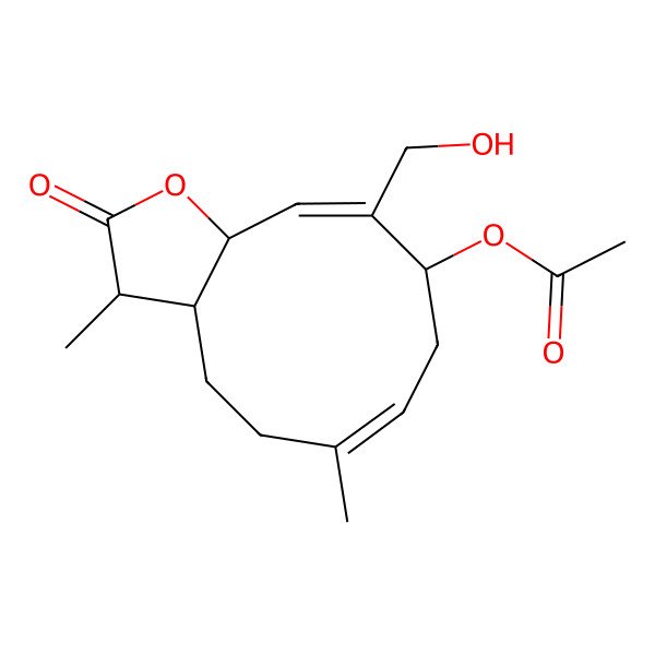 2D Structure of [(3R,3aS,6E,9S,10Z,11aR)-10-(hydroxymethyl)-3,6-dimethyl-2-oxo-3a,4,5,8,9,11a-hexahydro-3H-cyclodeca[b]furan-9-yl] acetate