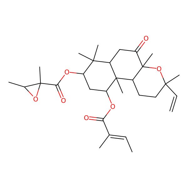 2D Structure of [3-Ethenyl-3,4a,7,7,10a-pentamethyl-10-(2-methylbut-2-enoyloxy)-5-oxo-1,2,6,6a,8,9,10,10b-octahydrobenzo[f]chromen-8-yl] 2,3-dimethyloxirane-2-carboxylate