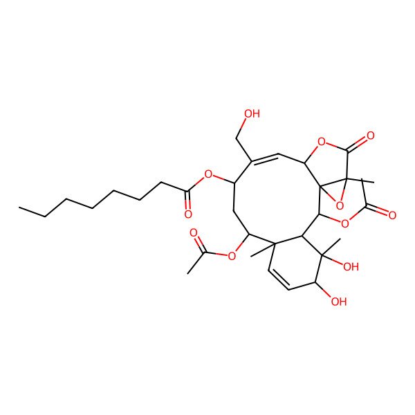 2D Structure of [(1S,2R,3S,4S,5R,8S,9S,11R,12Z,14S,17R)-2,9-diacetyloxy-4,5-dihydroxy-12-(hydroxymethyl)-4,8,17-trimethyl-16-oxo-15,18-dioxatetracyclo[12.4.0.01,17.03,8]octadeca-6,12-dien-11-yl] octanoate