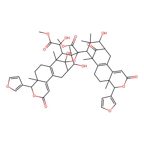 2D Structure of Methyl 2-[6-(furan-3-yl)-17-[1-[6-(furan-3-yl)-14-hydroxy-1,5,15,15-tetramethyl-8,17-dioxo-7-oxatetracyclo[11.3.1.02,11.05,10]heptadeca-2(11),9-dien-16-yl]-2-methoxy-2-oxoethoxy]-14,17-dihydroxy-1,5,15,15-tetramethyl-8-oxo-7-oxatetracyclo[11.3.1.02,11.05,10]heptadeca-2(11),9-dien-16-yl]-2-hydroxyacetate