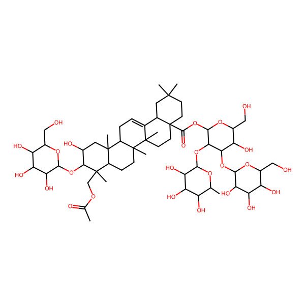 2D Structure of [5-Hydroxy-6-(hydroxymethyl)-4-[3,4,5-trihydroxy-6-(hydroxymethyl)oxan-2-yl]oxy-3-(3,4,5-trihydroxy-6-methyloxan-2-yl)oxyoxan-2-yl] 9-(acetyloxymethyl)-11-hydroxy-2,2,6a,6b,9,12a-hexamethyl-10-[3,4,5-trihydroxy-6-(hydroxymethyl)oxan-2-yl]oxy-1,3,4,5,6,6a,7,8,8a,10,11,12,13,14b-tetradecahydropicene-4a-carboxylate