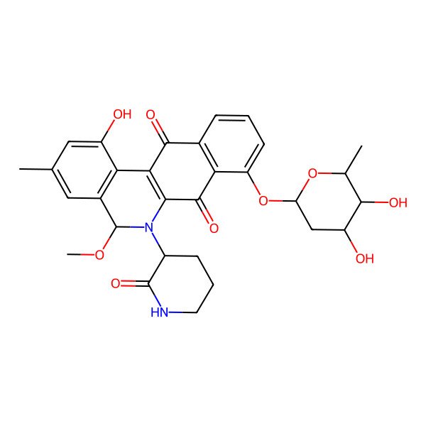2D Structure of 8-[(2S,4R,5R,6S)-4,5-dihydroxy-6-methyloxan-2-yl]oxy-1-hydroxy-5-methoxy-3-methyl-6-[(3S)-2-oxopiperidin-3-yl]-5H-benzo[b]phenanthridine-7,12-dione
