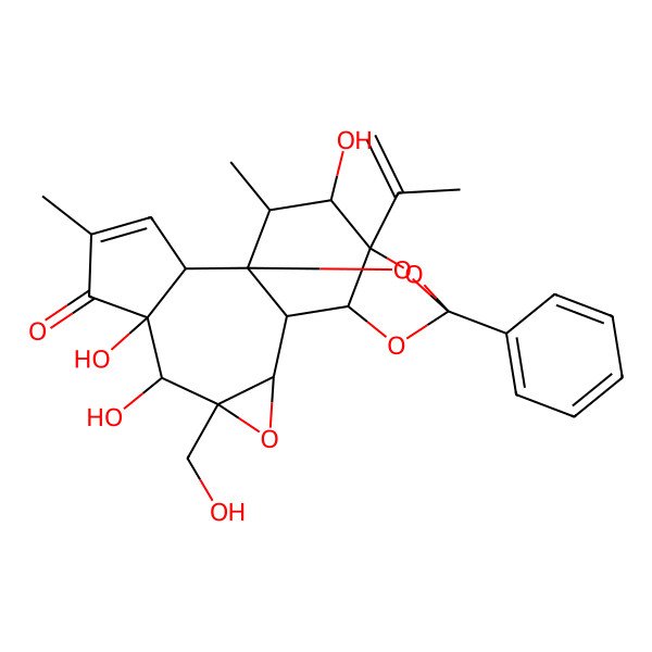 2D Structure of (1R,2R,6S,7S,8R,10S,11S,12R,14S,16S,17R,18R)-6,7,17-trihydroxy-8-(hydroxymethyl)-4,18-dimethyl-14-phenyl-16-prop-1-en-2-yl-9,13,15,19-tetraoxahexacyclo[12.4.1.01,11.02,6.08,10.012,16]nonadec-3-en-5-one
