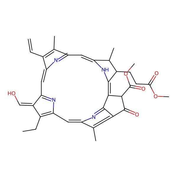 2D Structure of methyl (3R,21S,22S)-16-ethenyl-11-ethyl-12-(hydroxymethylidene)-22-(3-methoxy-3-oxopropyl)-17,21,26-trimethyl-4-oxo-7,23,24,25-tetrazahexacyclo[18.2.1.15,8.110,13.115,18.02,6]hexacosa-1,5(26),6,8,10,13(25),14,16,18(24),19-decaene-3-carboxylate