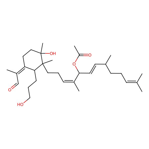 2D Structure of [1-[2-Hydroxy-6-(3-hydroxypropyl)-1,2-dimethyl-5-(1-oxopropan-2-ylidene)cyclohexyl]-4,8,12-trimethyltrideca-3,6,11-trien-5-yl] acetate