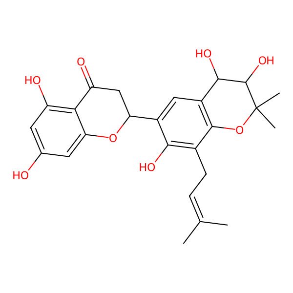 2D Structure of 5,7-Dihydroxy-2-[3,4,7-trihydroxy-2,2-dimethyl-8-(3-methylbut-2-enyl)-3,4-dihydrochromen-6-yl]-2,3-dihydrochromen-4-one