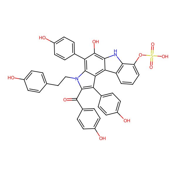 2D Structure of [5-hydroxy-2-(4-hydroxybenzoyl)-1,4-bis(4-hydroxyphenyl)-3-[2-(4-hydroxyphenyl)ethyl]-6H-pyrrolo[3,2-g]carbazol-7-yl] hydrogen sulfate