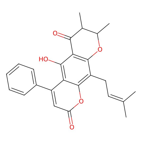 2D Structure of (7R,8R)-5-hydroxy-7,8-dimethyl-10-(3-methylbut-2-enyl)-4-phenyl-7,8-dihydropyrano[3,2-g]chromene-2,6-dione