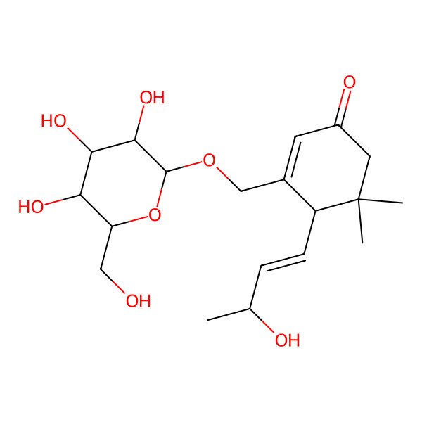 2D Structure of 4-(3-Hydroxybut-1-enyl)-5,5-dimethyl-3-[[3,4,5-trihydroxy-6-(hydroxymethyl)oxan-2-yl]oxymethyl]cyclohex-2-en-1-one