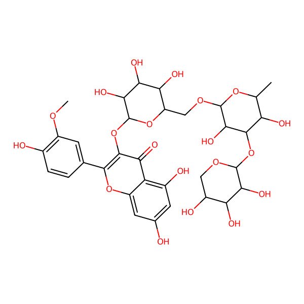 2D Structure of 3-[(2S,3R,4S,5R,6R)-6-[[(2R,3R,4R,5S,6S)-3,5-dihydroxy-6-methyl-4-[(2S,3R,4S,5R)-3,4,5-trihydroxyoxan-2-yl]oxyoxan-2-yl]oxymethyl]-3,4,5-trihydroxyoxan-2-yl]oxy-5,7-dihydroxy-2-(4-hydroxy-3-methoxyphenyl)chromen-4-one