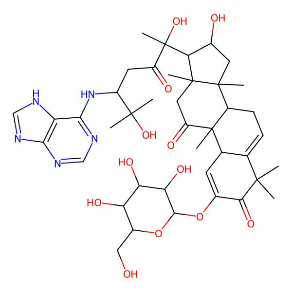 2D Structure of (8S,9R,10R,13R,14S,16R,17R)-17-[(2R,5R)-2,6-dihydroxy-6-methyl-3-oxo-5-(7H-purin-6-ylamino)heptan-2-yl]-16-hydroxy-4,4,9,13,14-pentamethyl-2-[(2S,3R,4S,5R,6R)-3,4,5-trihydroxy-6-(hydroxymethyl)oxan-2-yl]oxy-8,10,12,15,16,17-hexahydro-7H-cyclopenta[a]phenanthrene-3,11-dione